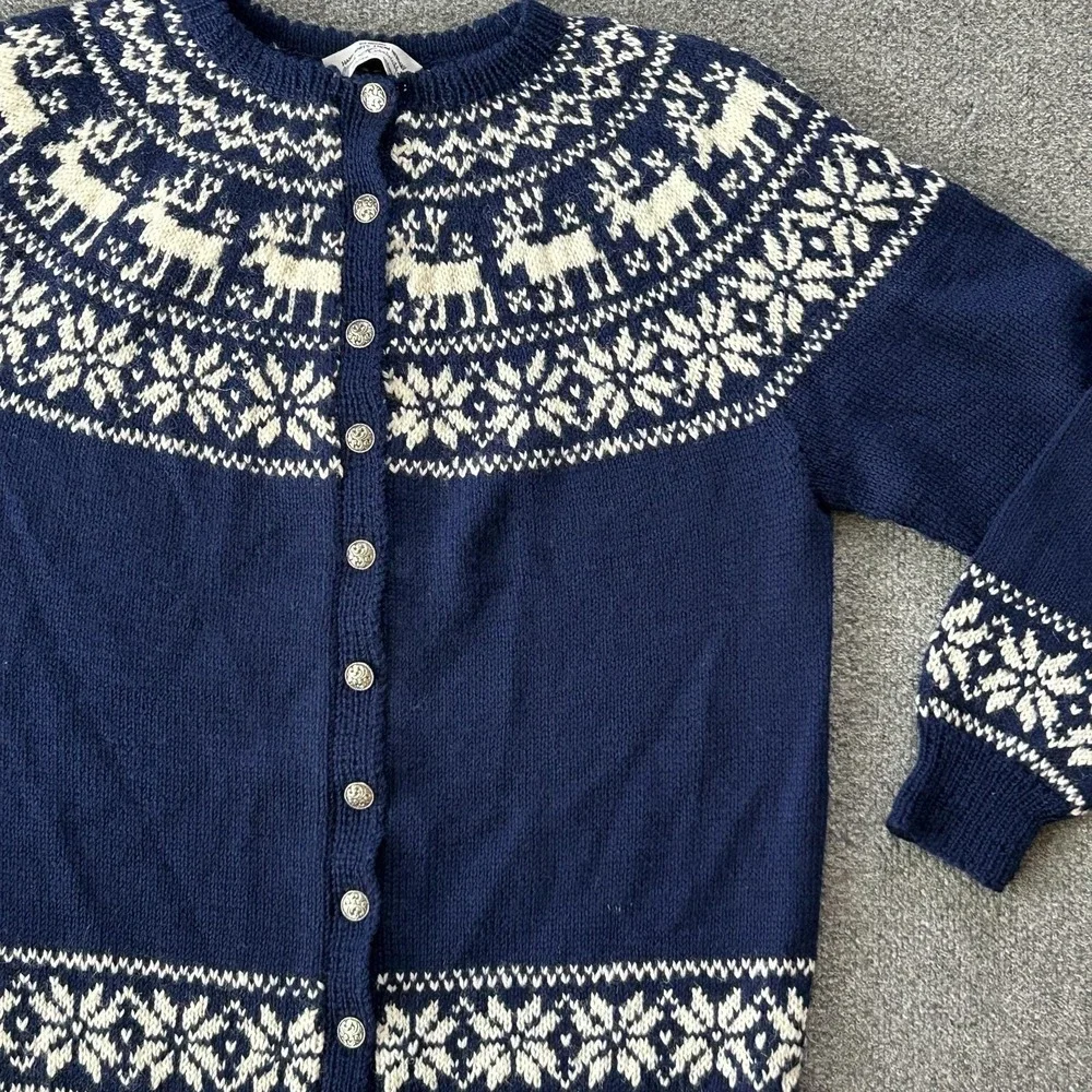 Norsk Håndstrikk Cardigan Womens Medium Blue Wool Reindeer Fair Isle Norway